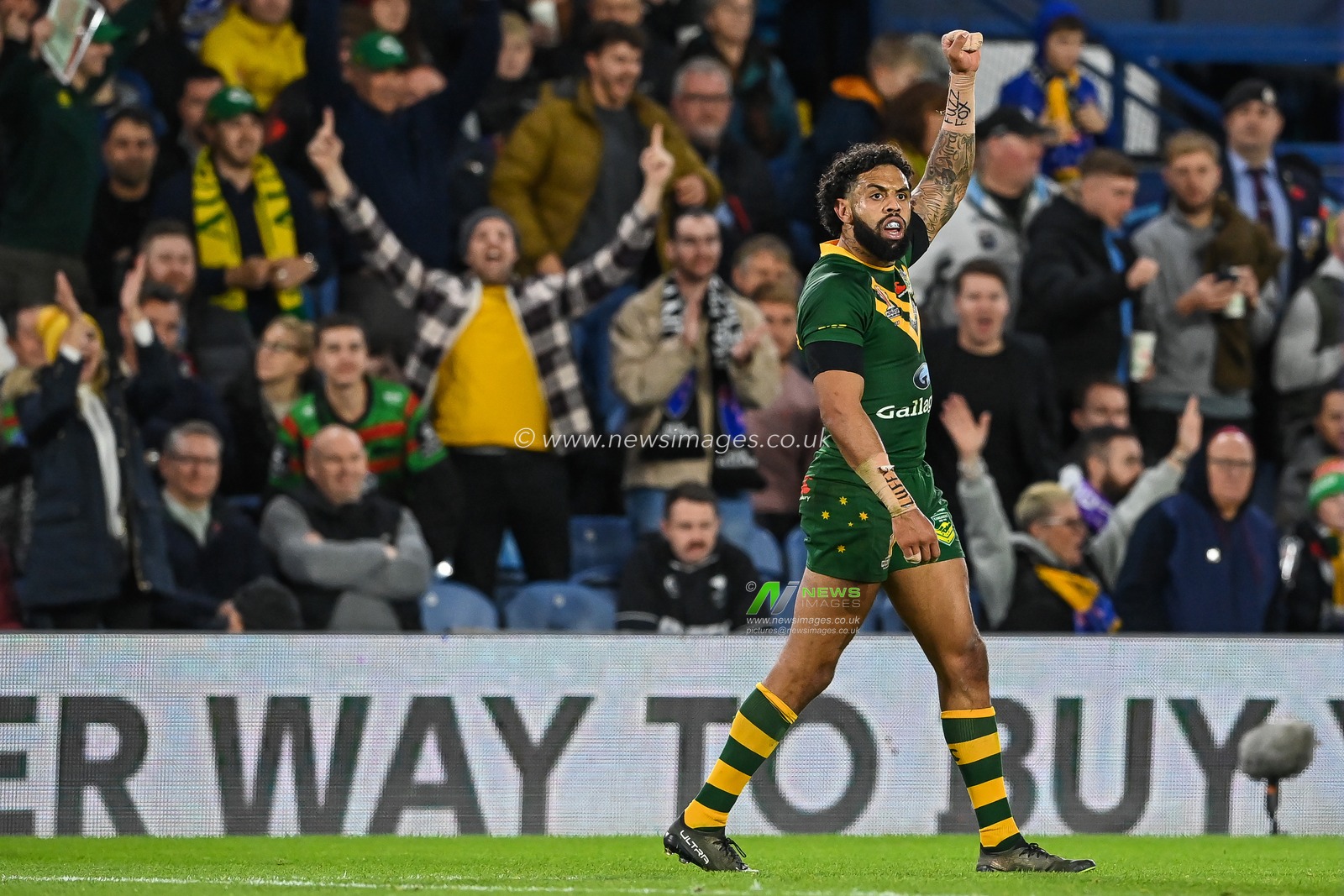 Josh Addo-Carr of Australia celebrates reaching the World Cup Final at the end of the Rugby League World Cup 2021 Semi Final match Australia vs New Zealand at Elland Road, Leeds, United Kingdom, 11th November 2022

(Photo by Craig Thomas/News Images)