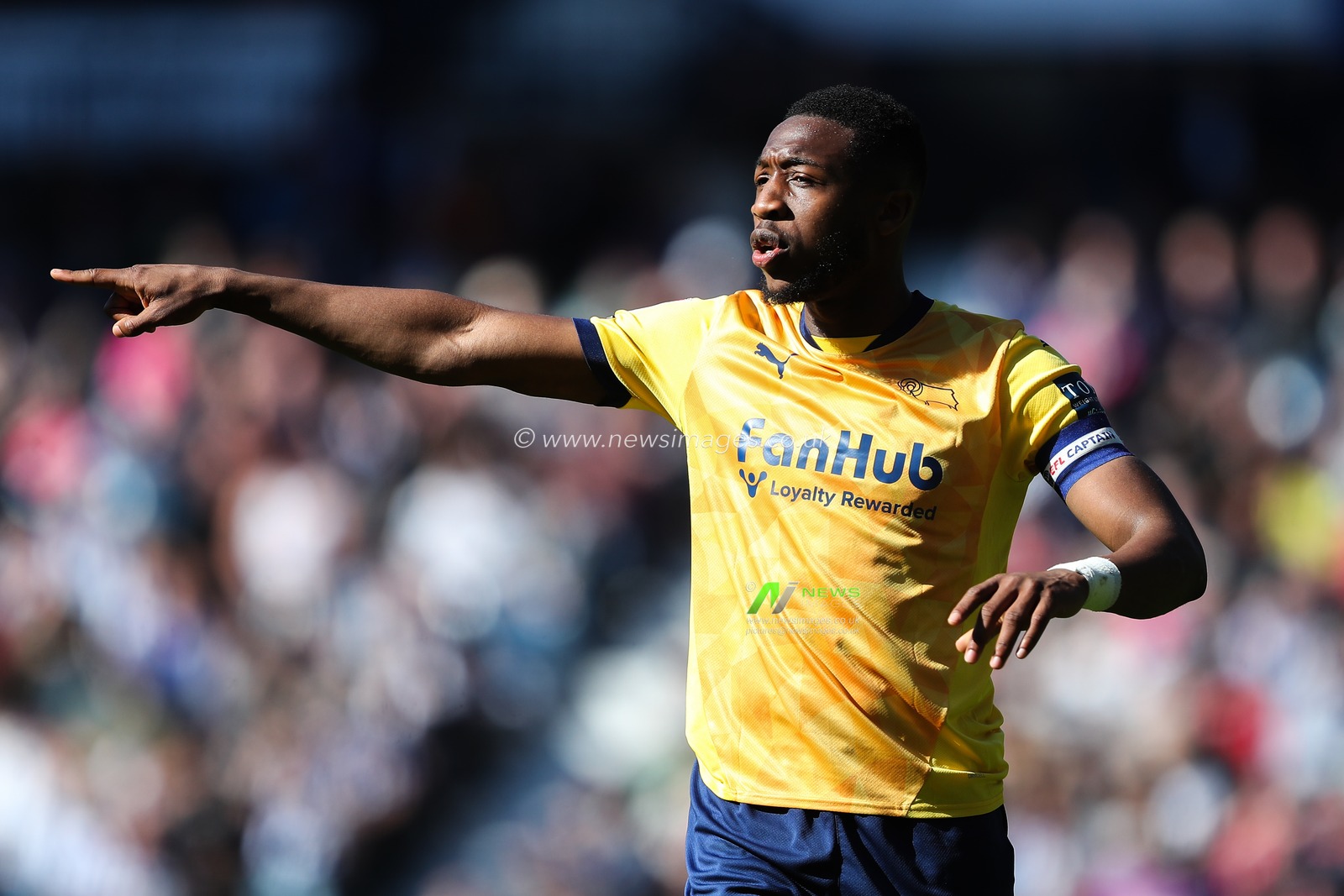 Ebou Adams of Derby County gives his teammates instructions during the Sky Bet Championship match West Bromwich Albion vs Derby County at The Hawthorns, West Bromwich, United Kingdom, 21st April 2025

(Photo by Gareth Evans/News Images)