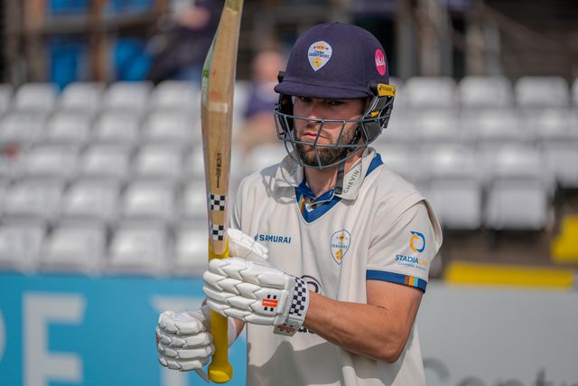 Caleb Jewell walks out to open the batting in the second innings during the County Championship Division Two Derbyshire v Gloucestershire at The Central Co-Op County Ground, Derby, United Kingdom on 26 April 2026

(Photo by Maynard Manyowa/News Images)