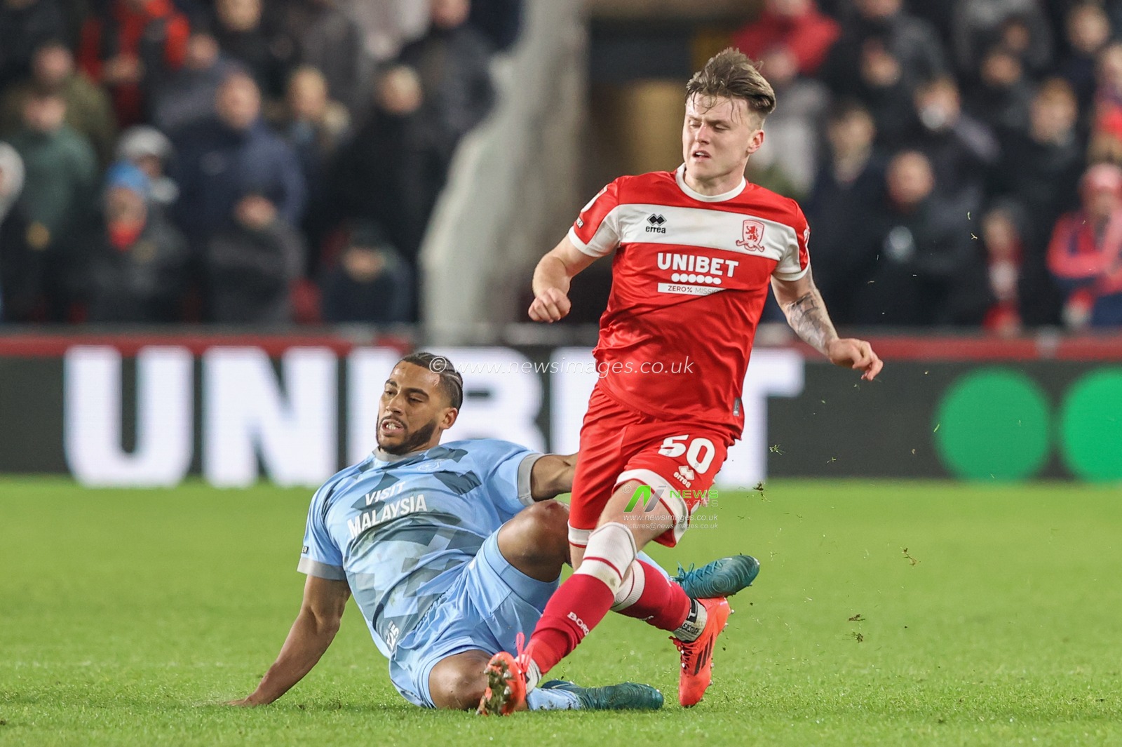 Ben Doak of Middlesbrough is fouled by Andy Rinomhota of Cardiff City during the Sky Bet Championship match Middlesbrough vs Cardiff City at Riverside Stadium, Middlesbrough, United Kingdom, 4th January 2025

(Photo by Alfie Cosgrove/News Images)