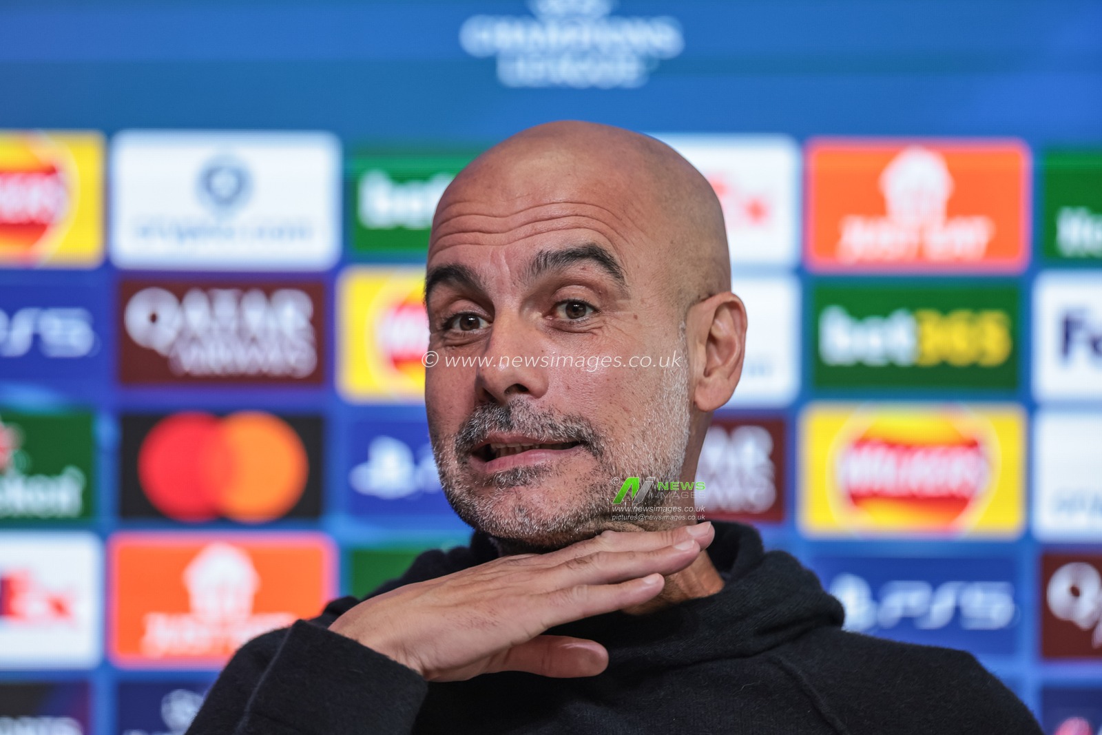 Pep Guardiola manager of Manchester City speaks to the press during the UEFA Champions League press conference Matchday 5 of 8 Manchester City vs Bayer 04 Leverkusen at Etihad Campus, Manchester, United Kingdom, 24th November 2025

(Photo by Mark Cosgrove/News Images)

*** GER AUT SUI OUT ***