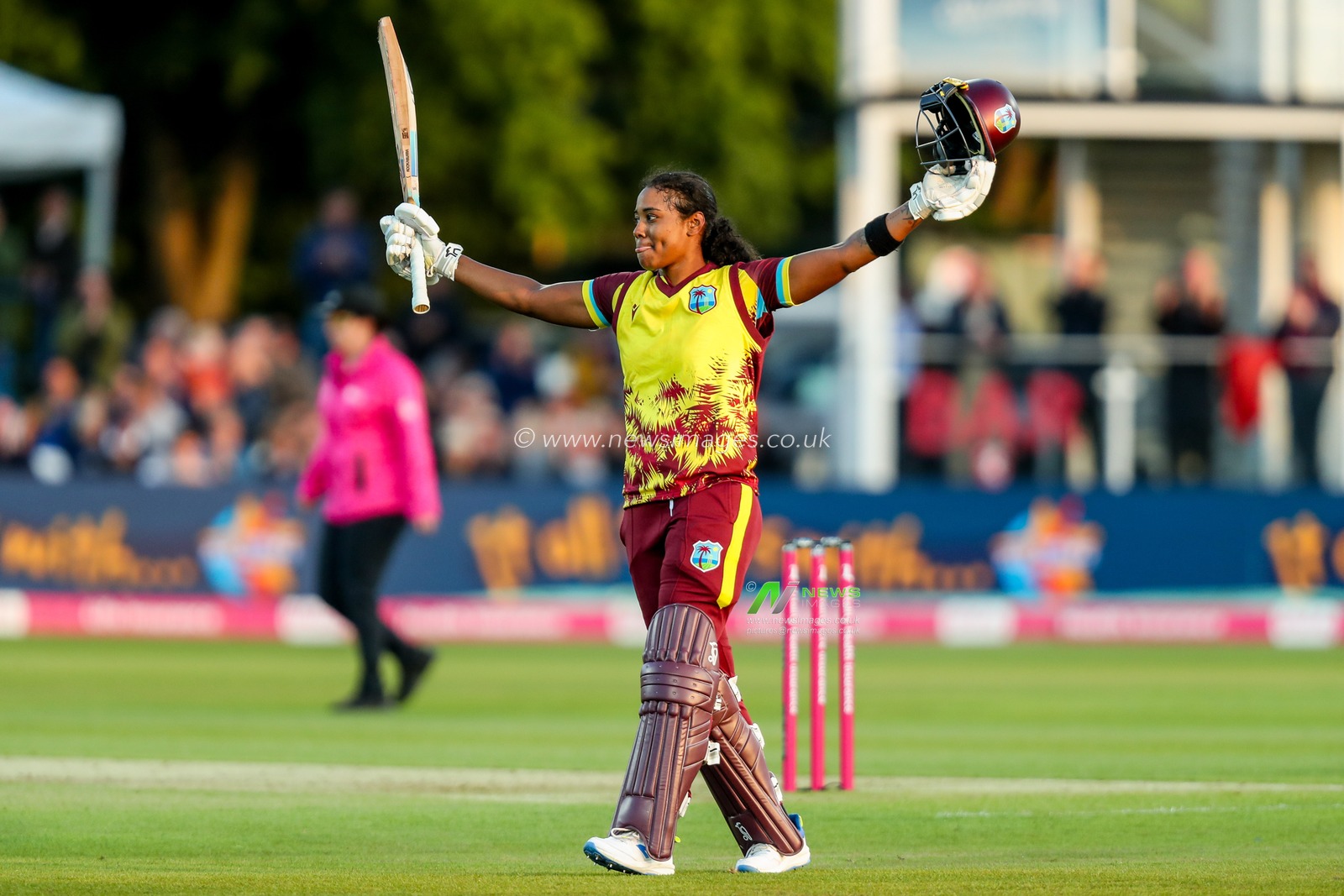 Hayley Matthews of West Indies Women celebrates a century during the 1st Vitality IT20 Series England Women v West Indies Women at The Spitfire Ground, Canterbury, United Kingdom, 21st May 2025

(Photo by Izzy Poles/News Images)