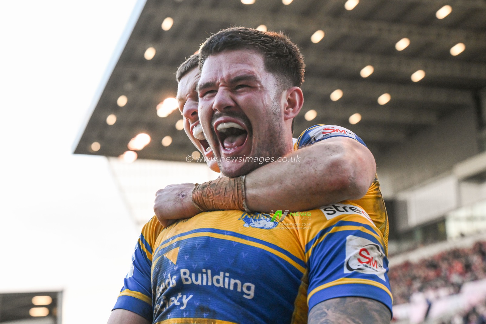 James Bentley of Leeds Rhinos celebrates his try during the Betfred Super League match Round 2 Salford Red Devils vs Leeds Rhinos at Salford Community Stadium, Eccles, United Kingdom, 22nd February 2025

(Photo by Craig Thomas/News Images)