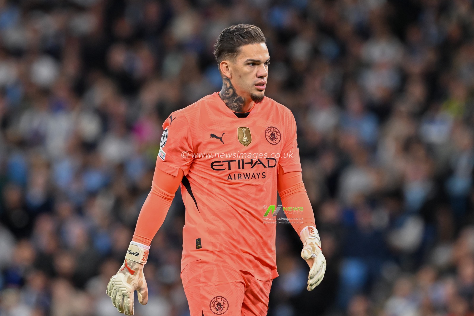 Ederson of Manchester City during the UEFA Champions League league stage match Manchester City vs Inter Milan at Etihad Stadium, Manchester, United Kingdom, 18th September 2024

(Photo by Cody Froggatt/News Images)