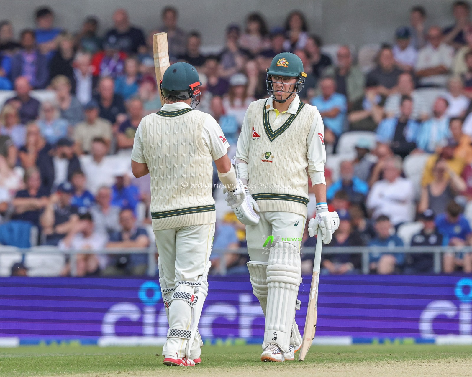 Todd Murphy of Australia speaks to Travis Head of Australia during a break in play during the LV= Insurance Ashes Third Test Series Day 3 England v Australia at Headingley Stadium, Leeds, United Kingdom, 8th July 2023

(Photo by Mark Cosgrove/News Images)