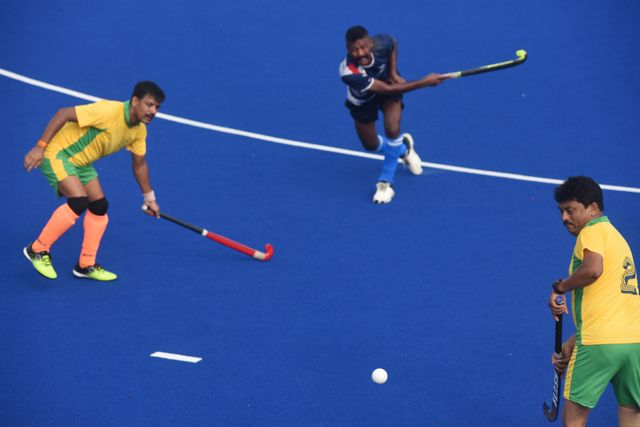 Indian veteran hockey players play at a match ahead the celebrate World Olympic Day in Howrah, West Bengal ,India on June 22,2025.Photo by Debajyoti Chakraborty. World Olympic Day celebrates every year June 23.(Photo: Debajyoti Chakraborty/News Images)