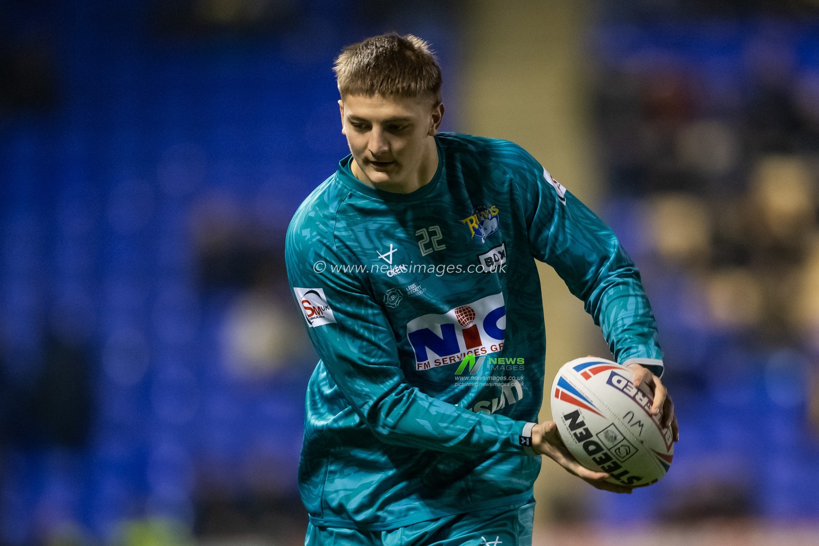 Sam Walters #22 of Leeds Rhinos during pre match warm up ahead of the Betfred Super League Round 1 match Warrington Wolves vs Leeds Rhinos at Halliwell Jones Stadium, Warrington, United Kingdom, 16th February 2023

(Photo by Craig Thomas/News Images)
