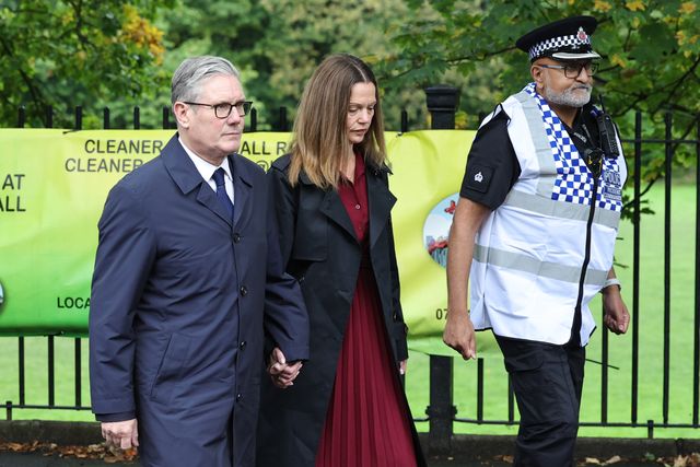 Sir Keir Starmer, Prime Minister of the United Kingdom of Great Britain and Northern Ireland and his wife Victoria, Lady Starmer attend the scene as they pay their respects during the Manchester synagogue terror attack day 2 at Heaton Park Shul, Manchester, United Kingdom, 3rd October 2025

(Photo by Mark Cosgrove/News Images)