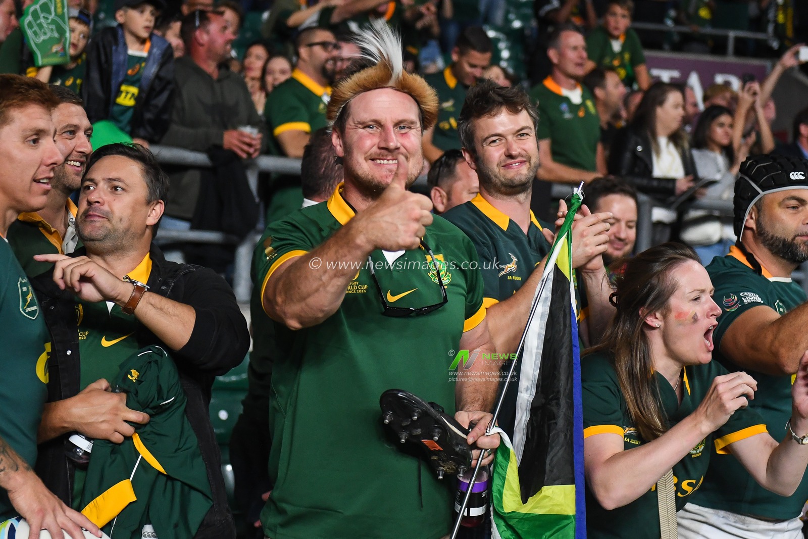 South Africa fans celebrate at the end of the International match South Africa vs New Zealand at Twickenham Stadium, Twickenham, United Kingdom, 25th August 2023

(Photo by Mike Jones/News Images)