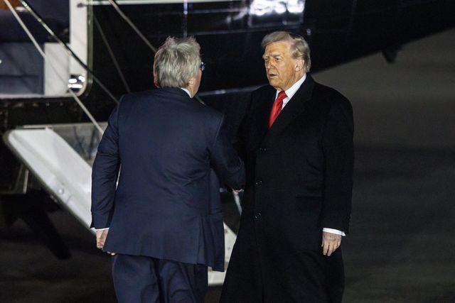 President Donald trump shakes hands with people as the airforce one lands at London Stansted Airport during his state visit to the United Kingdom at London Stansted Airport, Stansted, United Kingdom, 16th September 2025

(Photo by Alfie Cosgrove/News Images)
