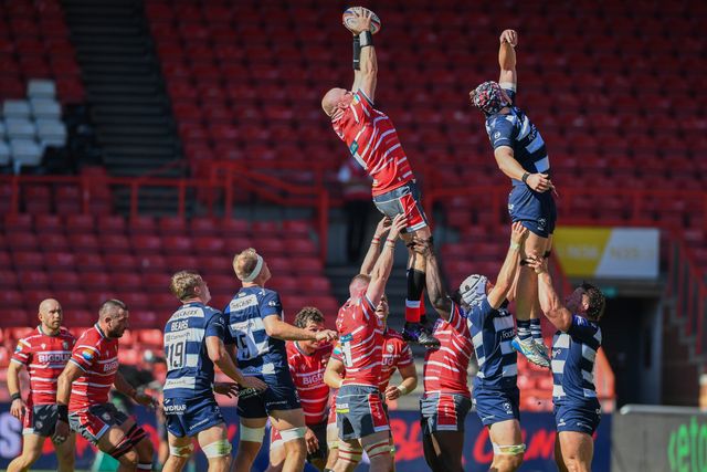 Joe Joyce of Gloucester Rugby wins the ball at a line out during the Prem Rugby Cup match Bristol Bears vs Gloucester at Ashton Gate, Bristol, United Kingdom on 05 September 2026

(Photo by Alex Williamson/News Images)