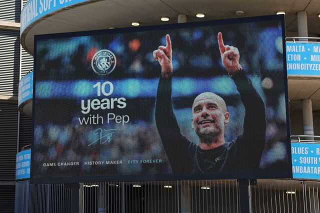 10 Years of Pep on the large LCD screen during the Premier League match Manchester City vs Aston Villa at Etihad Stadium, Manchester, United Kingdom on 24 May 2026

(Photo by Mark Cosgrove/News Images)