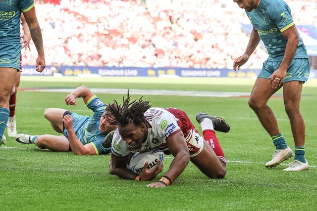Junior Nsemba of Wigan Warriors goes over for a try during the Betfred Challenge Cup Final match Wigan Warriors vs Hull KR at Wembley Stadium, London, United Kingdom on 30 May 2026

(Photo by Mark Cosgrove/News Images)