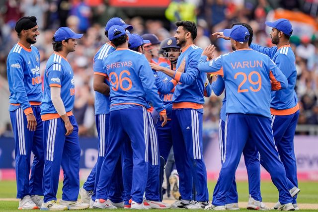 India players celebrate the wicket of Harry Brook of England after a review during the Second Vitality T20 International match England vs India at Old Trafford, Manchester, United Kingdom on 04 July 2026

(Photo by Maynard Manyowa/News Images)