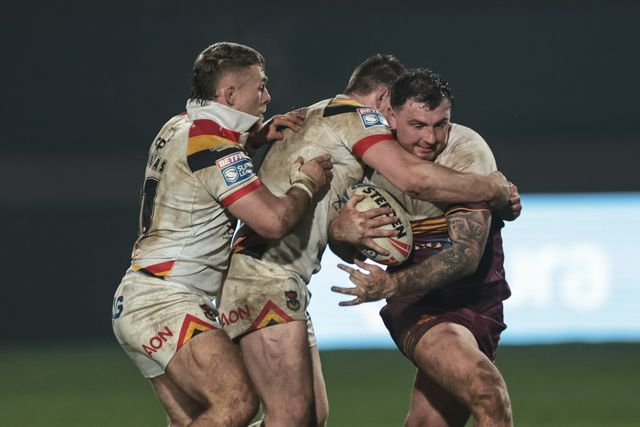 Fenton Rogers of Huddersfield Giants is tackle during the Betfred Super League Round 5 match Bradford Bulls vs Huddersfield Giants at Odsal Stadium, Bradford, United Kingdom on 20 March 2026

(Photo by Mark Cosgrove/News Images)