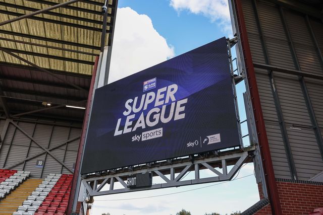 Betfred Super League Sky Sports logo on the large LCD screen during the Betfred Super League Round 26 match Leigh Leopards vs St Helens at Leigh Sports Village, Leigh, United Kingdom, 12th September 2025

(Photo by Mark Cosgrove/News Images)