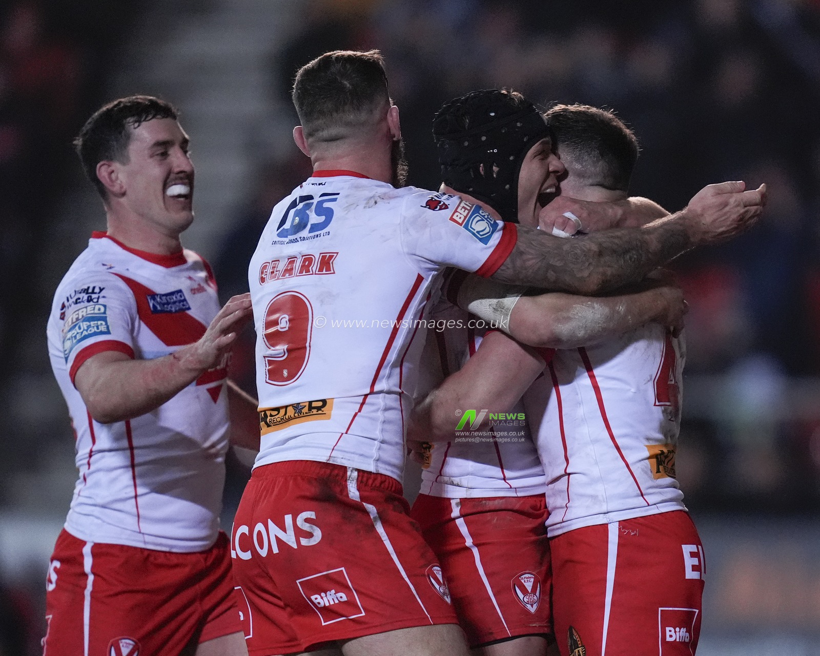 Jonny Lomax of St. Helens celebrates with try scorer Mark Percival of St. Helens during the Betfred Super League Round 4 match St Helens vs Salford Red Devils at Totally Wicked Stadium, St Helens, United Kingdom, 8th March 2024

(Photo by Steve Flynn/News Images)