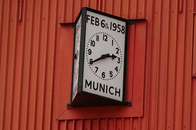 The Munich Air Disaster memorial clock at Old Trafford, the home of Manchester United is a permanent fixture, frozen at 3:04 p.m., February 6, 1958 during the Emirates FA Cup Third Round match Manchester United vs Brighton and Hove Albion at Old Trafford, Manchester, United Kingdom, 11th January 2026

(Photo by Mark Cosgrove/News Images)