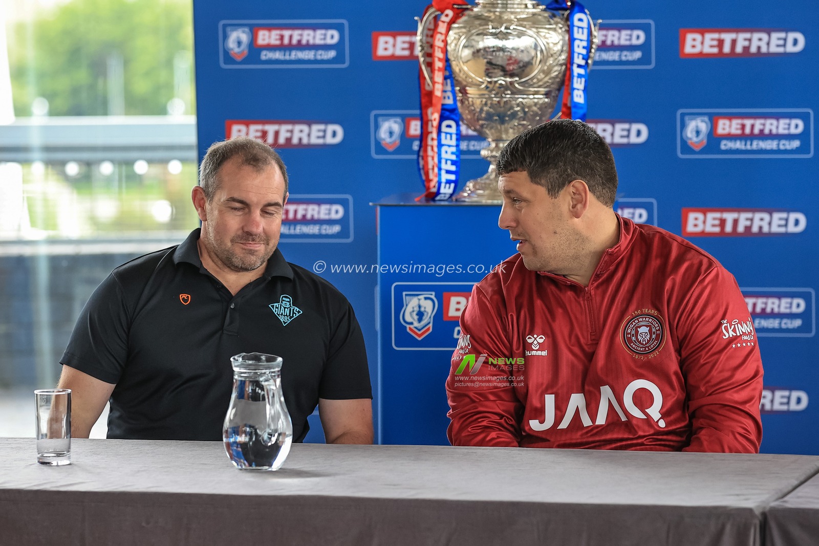 Ian Watson Head Coach of Huddersfield Giants (L) and Matt Peet Head Coach of Wigan Warriors (R) at the Cup Final press conference at the Lowry Theatre in Salford, UK