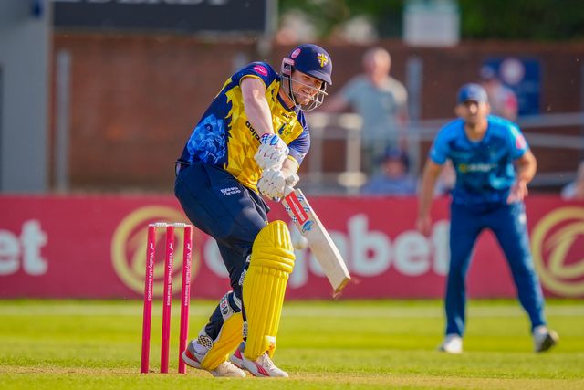 Alex Lees of Durham hits for consecutive fours during the Vitality Blast T20 match between Derbyshire Falcons and Durham Cricket at The Central Co-Op County Ground, Derby, United Kingdom on 22 May 2026

(Photo by Maynard Manyowa/News Images)