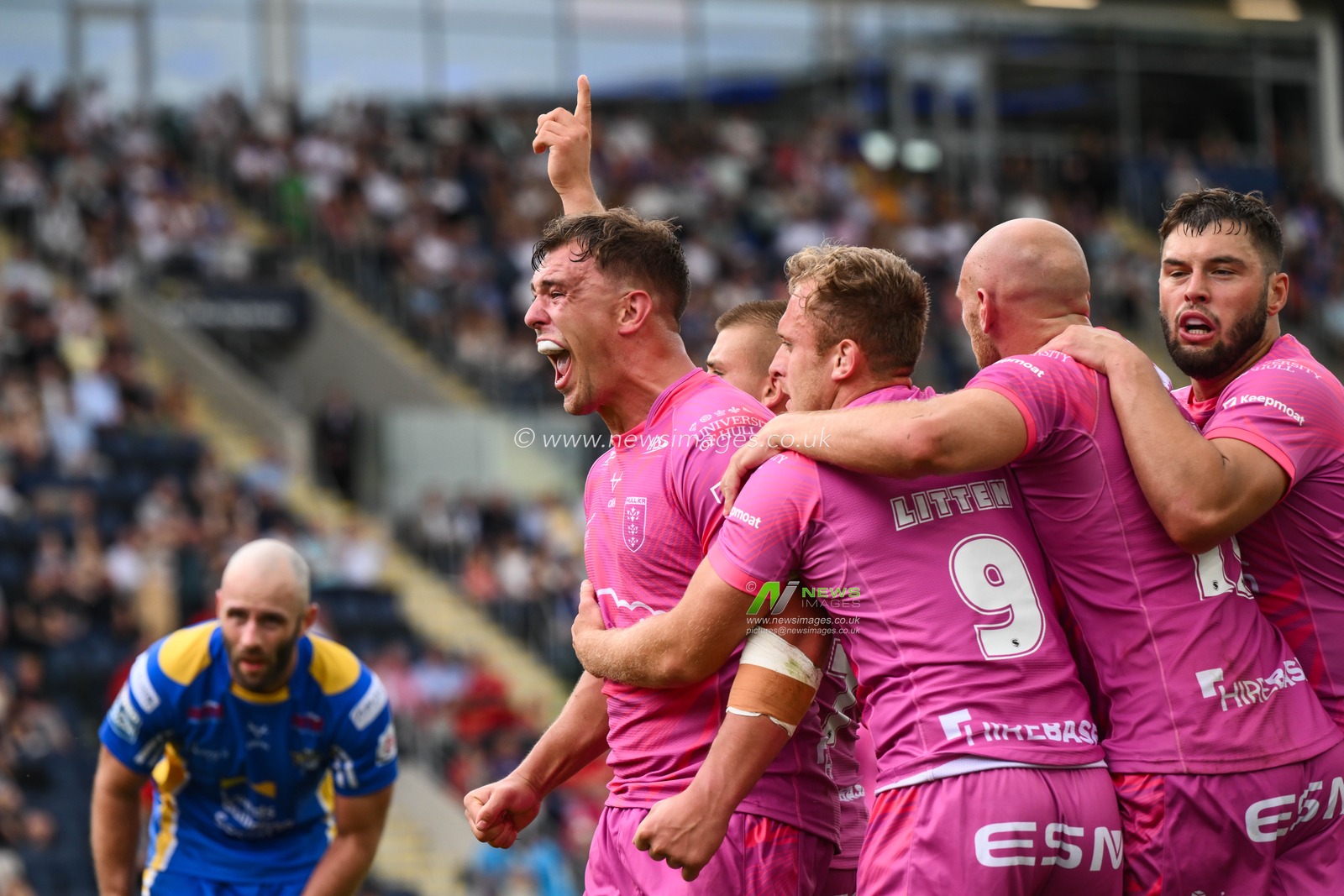 Jai Whitbread of Hull KR celebrates his try by during the Betfred Super League Round 18 match Leeds Rhinos vs Hull KR at Headingley Stadium, Leeds, United Kingdom, 20th July 2024

(Photo by Craig Thomas/News Images)