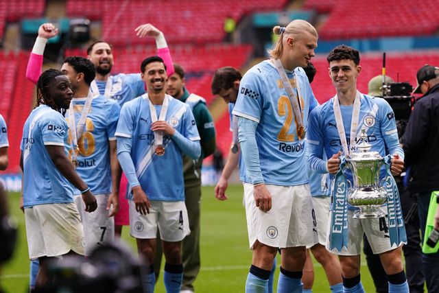 Phil Foden of Manchester City and Erling Haaland of Manchester City during the Emirates FA Cup Final match Chelsea vs Manchester City at Wembley Stadium, London, United Kingdom on 16 May 2026

(Photo by Harvey Murphy/News Images)