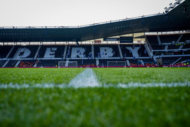 A general view of the pitch, stands and derby engraved on the seats during the Sky Bet Championship match Derby County vs Sheffield United at Pride Park Stadium, Derby, United Kingdom on 02 May 2026

(Photo by Maynard Manyowa/News Images)