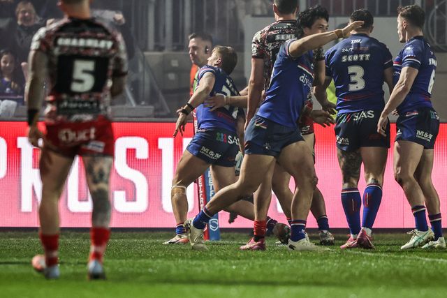 Jayden Myers of Wakefield Trinity celebrates his try during the Betfred Super League round 5 match Wakefield Trinity vs Leigh Leopards at DIY Kitchens Stadium, Wakefield, United Kingdom on 20 March 2026

(Photo by Alfie Cosgrove/News Images)