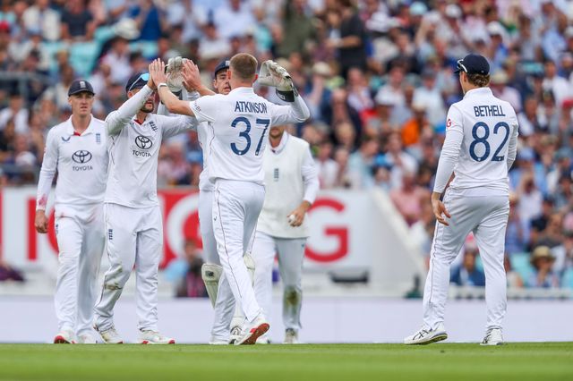 Gus Atkinson of England celebrates with teammates after the dismissal of Karun Nair of India during the 5th Rothesay Test Match Day 3 England vs India at The Kia Oval, London, United Kingdom, 2nd August 2025

(Photo by Izzy Poles/News Images)