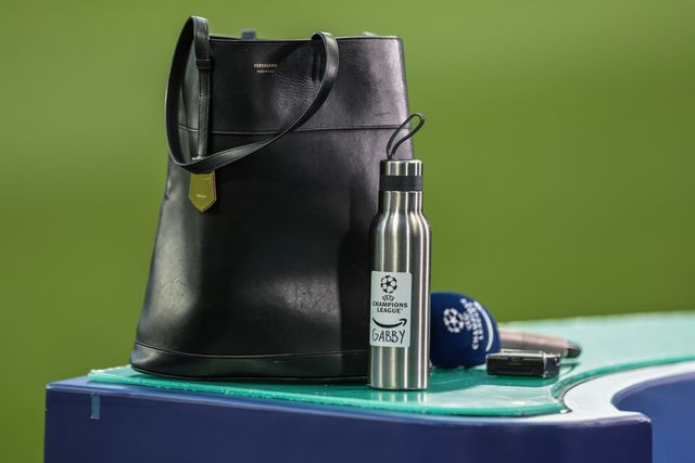 Gabby Logan’s water bottle and bag on the broadcast desk ahead of the UEFA Champions League Last 16 match Newcastle Untied vs Barcelona at St. James's Park, Newcastle, United Kingdom on 10 March 2026

(Photo by Mark Cosgrove/News Images)