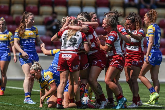 Georgia Wilson of Wigan Warriors celebrates her try during the Betfred Women's Challenge Cup Cup Semi-final match Leeds Rhinos vs Wigan Warriors at LNER Community Stadium, York, United Kingdom, 10th May 2025

(Photo by Alfie Cosgrove/News Images)