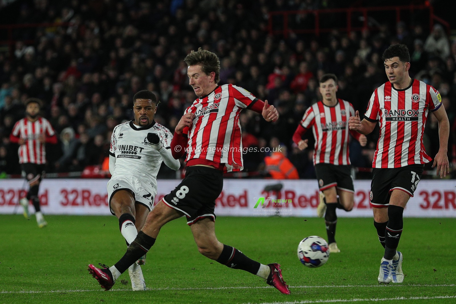 Chuba Akpom #29 of Middlesbrough takes a shot but goes wide during the Sky Bet Championship match Sheffield United vs Middlesbrough at Bramall Lane, Sheffield, United Kingdom, 15th February 2023

(Photo by James Heaton/News Images)