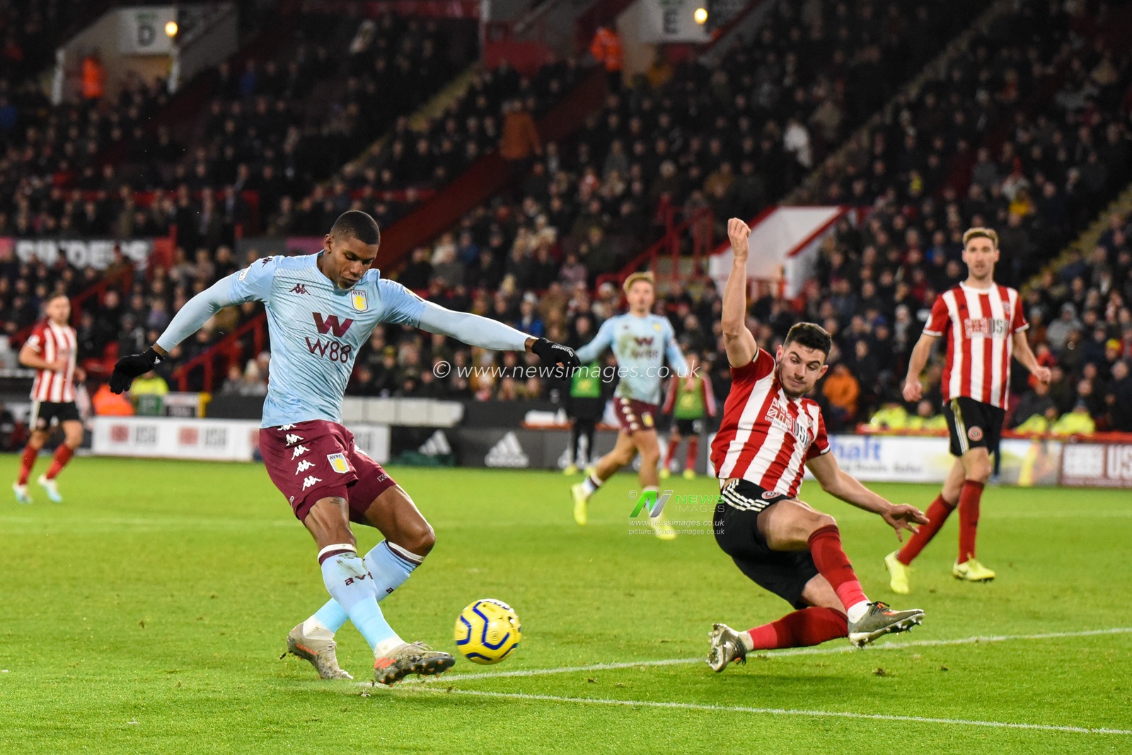14th December 2019, Bramall Lane, Sheffield, England; Premier League, Sheffield United v Aston Villa : Wesley (9) of Aston Villa has a shot on target

Credit: Simon Whitehead/News Images