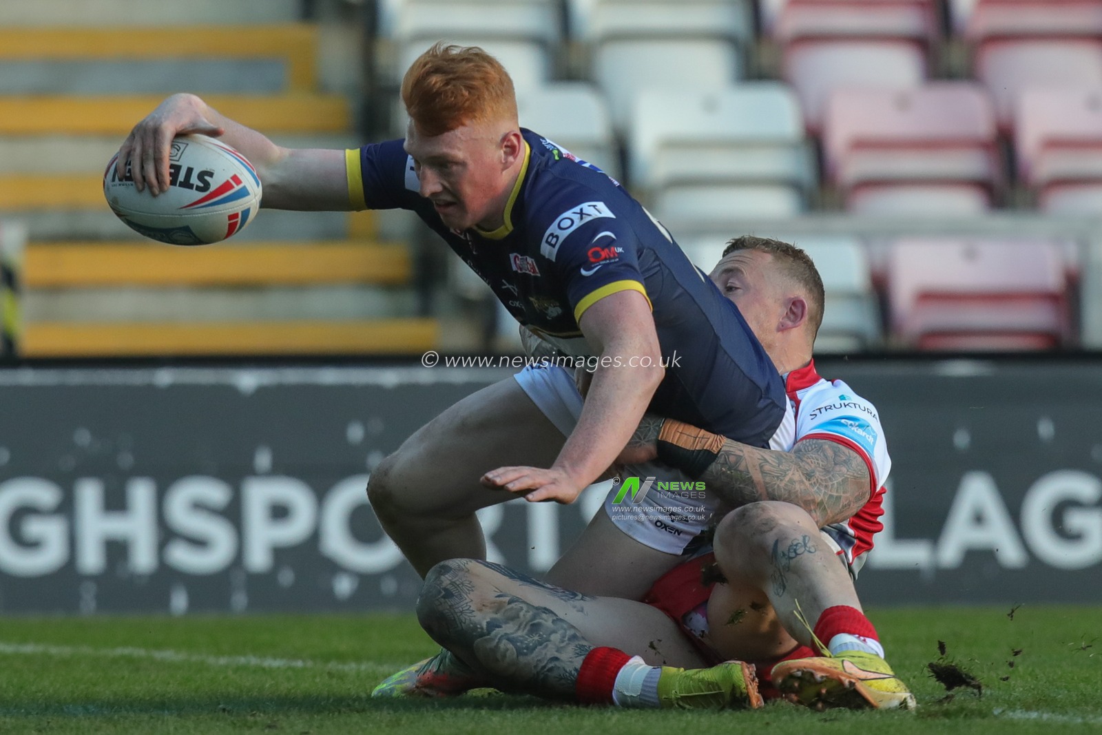 Luis Roberts #24 of Leeds Rhinos goes over for a try and makes the score 4-4 during the Rugby League Pre Season match Leigh Centurions vs Leeds Rhinos at Leigh Sports Village, Leigh, United Kingdom, 21st January 2023

(Photo by James Heaton/News Images)