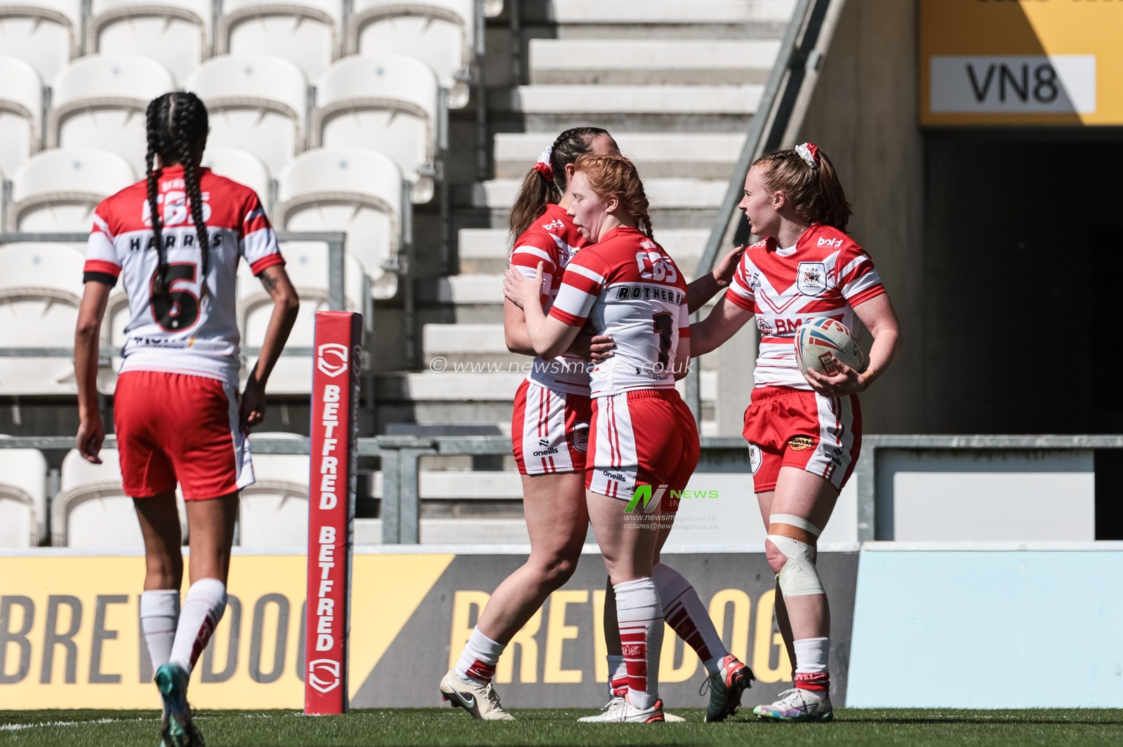 Dani McGifford of St Helen’s goes over for a try during the Betfred Women's Challenge Cup Quarter Final match St Helens vs Barrow Raiders at The BrewDog Stadium, St Helens, United Kingdom on 25 April 2026

(Photo by Mark Cosgrove/News Images)