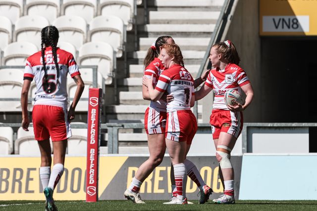 Dani McGifford of St Helen’s goes over for a try during the Betfred Women's Challenge Cup Quarter Final match St Helens vs Barrow Raiders at The BrewDog Stadium, St Helens, United Kingdom on 25 April 2026

(Photo by Mark Cosgrove/News Images)