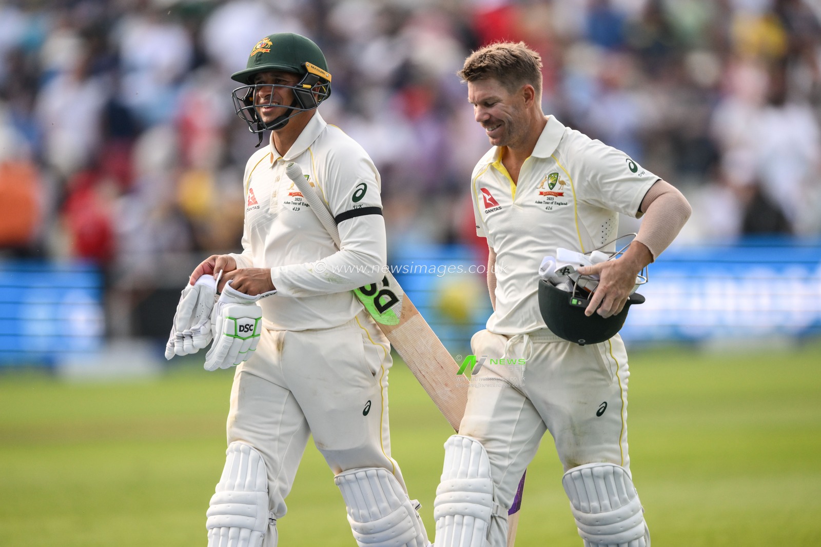 Usman Khawaja of Australia and David Warner of Australia leave the field of play after day one ends during the LV= Insurance Ashes First Test Series Day 1 England vs Australia at Edgbaston, Birmingham, United Kingdom, 16th June 2023

(Photo by Craig Thomas/News Images)