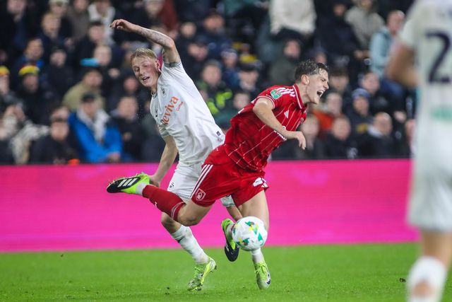 Ryan Yates of Nottingham Forest is fouled by Melker Widell of Swansea City during the Carabao Cup 3rd Round Swansea City vs Nottingham Forest at Swansea.com Stadium, Swansea, United Kingdom, 17th September 2025

(Photo by Andrew Lewis/News Images)