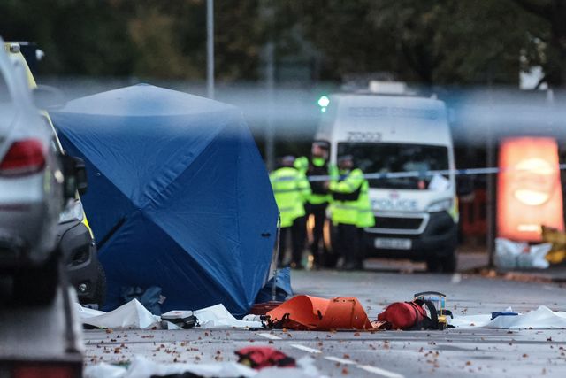Forensic tents are still in place and emergency kit strewn across the road during the Manchester synagogue terror attack day 2 at Heaton Park Shul, Manchester, United Kingdom, 3rd October 2025

(Photo by Mark Cosgrove/News Images)