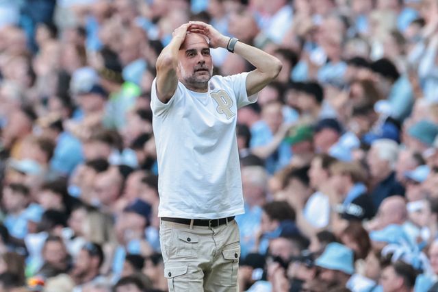 Pep Guardiola manager of Manchester City reacts after City miss a chance on goal during the Premier League match Manchester City vs Aston Villa at Etihad Stadium, Manchester, United Kingdom on 24 May 2026

(Photo by Mark Cosgrove/News Images)