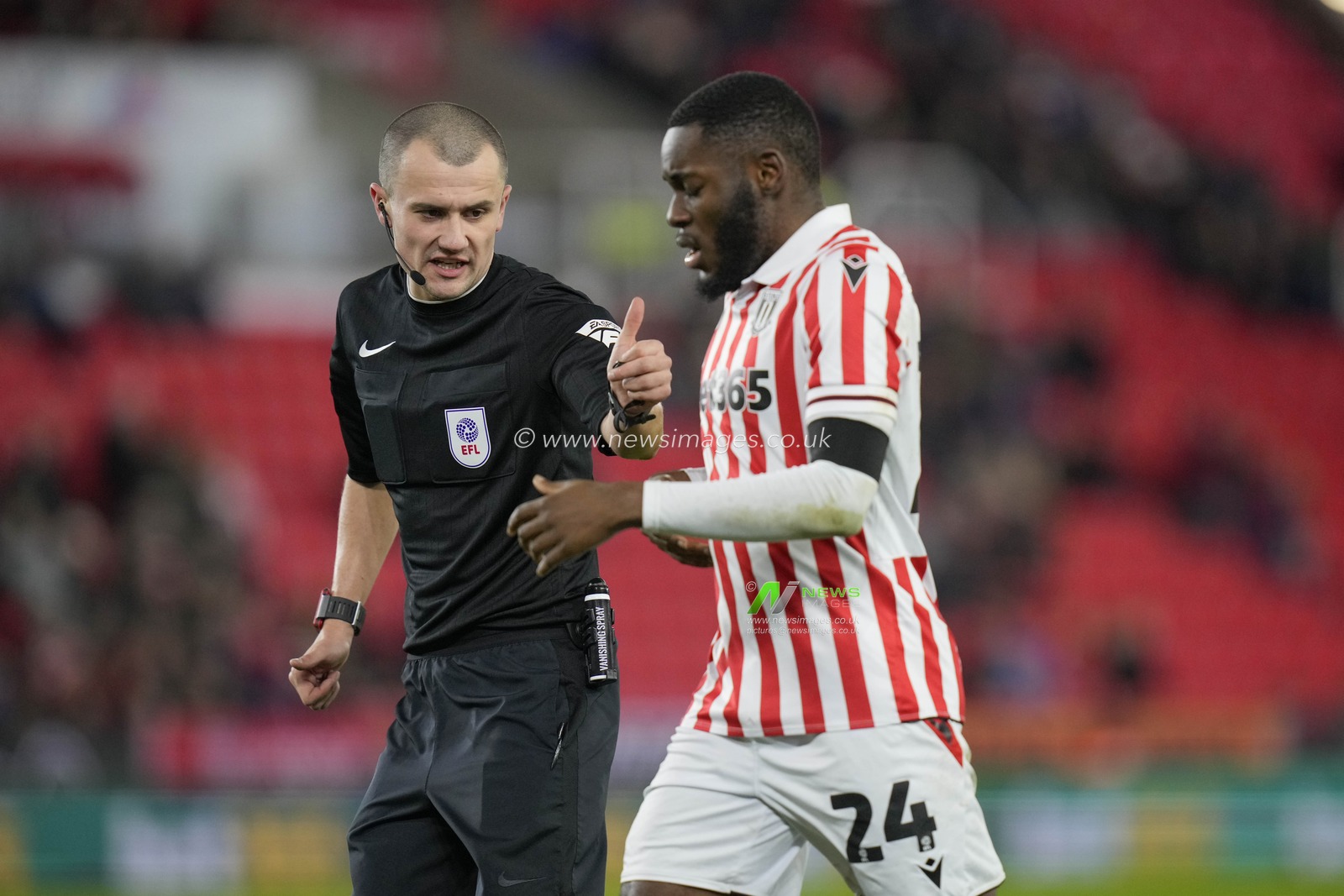 Referee Andrew Kitchen checks on Junior Tchamadeu of Stoke City after he took a knock during the Sky Bet Championship match Stoke City vs Queens Park Rangers at Bet365 Stadium, Stoke-on-Trent, United Kingdom, 14th February 2024

(Photo by Steve Flynn/News Images)