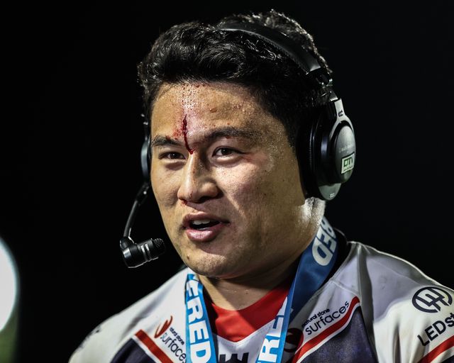 Mason Lino of Wakefield Trinity is interviewed after the game during the Betfred Super League Round 8 match Wakefield Trinity vs Castleford Tigers at DIY Kitchens Stadium, Wakefield, United Kingdom, 17th April 2025

(Photo by Alfie Cosgrove/News Images)