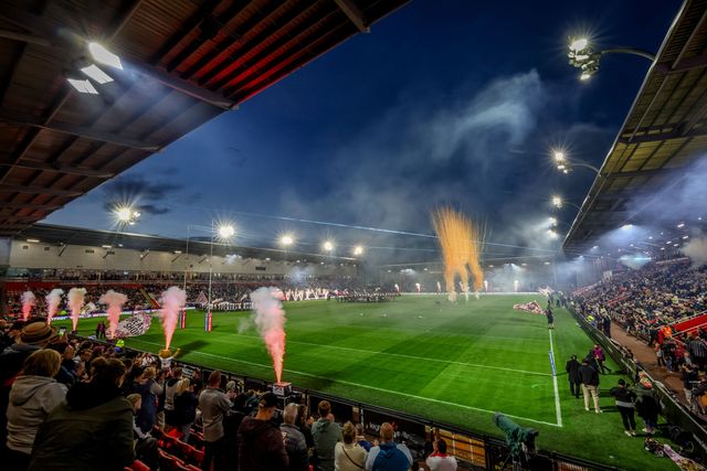 Teams come out to pyrotechnics during the Betfred Super League Round 26 match Leigh Leopards vs St Helens at Leigh Sports Village, Leigh, United Kingdom, 12th September 2025

(Photo by Mark Cosgrove/News Images)