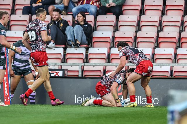AJ Towse of Leigh Leopards celebrates his try during the Betfred Super League round 9 match Leigh Leopards vs Huddersfield Giants at Leigh Sports Village, Leigh, United Kingdom on 23 April 2026

(Photo by Alfie Cosgrove/News Images)