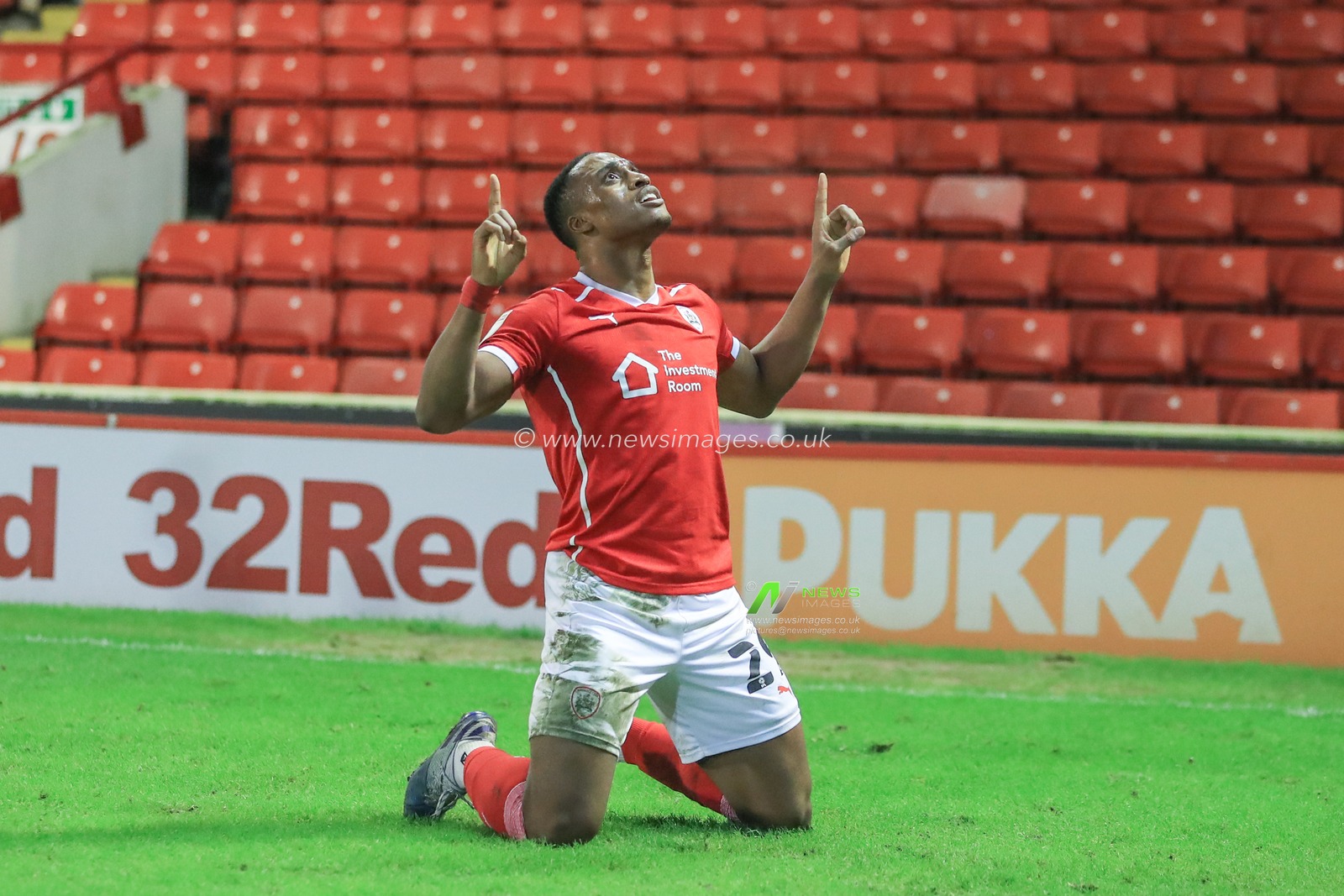 Victor Adeboyejo #29 of Barnsley celebrates his goal to make it 2-1