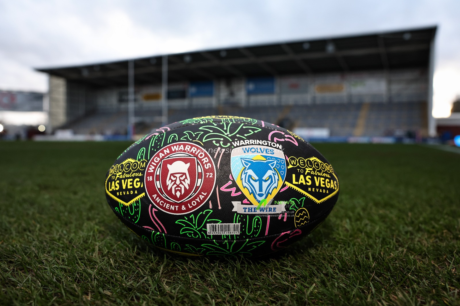 Wigan Warriors and Warrington Wolves Steeden Las Vega match ball is on display during the Betfred Super League Round 2 match Warrington Wolves vs Catalans Dragons at Luke Littler Stadium, Warrington, United Kingdom, 21st February 2025

(Photo by Mark Cosgrove/News Images)