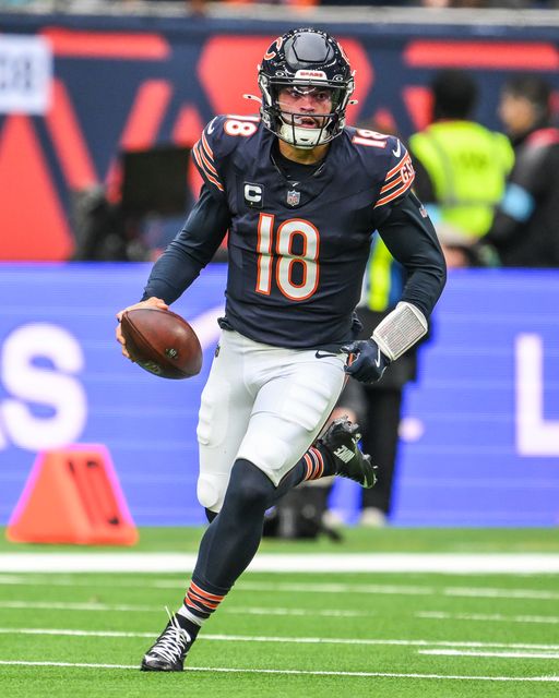 Caleb Williams of the Chicago Bears runs for a first done during the Week 6 match Chicago Bears vs Jacksonville Jaguars at Tottenham Hotspur Stadium, London, United Kingdom, 13th October 2024

(Photo by Craig Thomas/News Images)