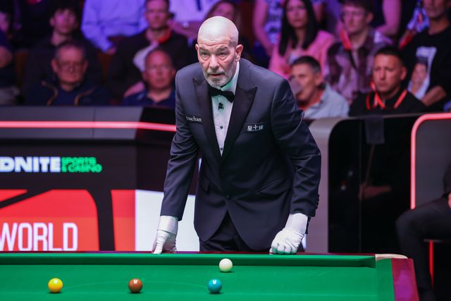 Referee Jan Verhaas during the game against Pang Junxu of China on day ten of the 2025 Halo World Snooker Championship at Crucible Theatre, Sheffield, United Kingdom, 28th April 2025

(Photo by Alex Roebuck/News Images)