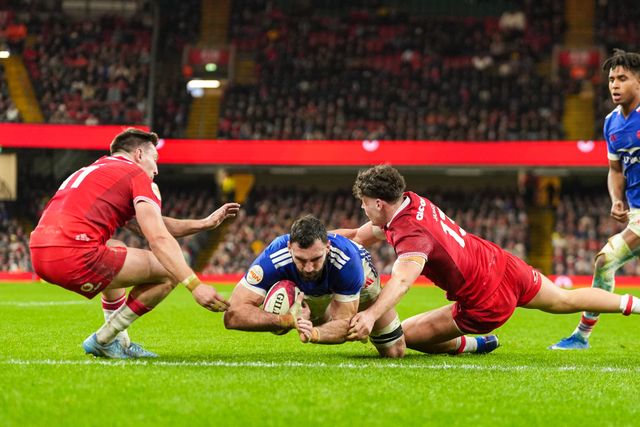 Charles Ollivon of France scores a try for his team during the Guinness Six Nations match Wales vs France at Principality Stadium, Cardiff, United Kingdom, 15th February 2026

(Photo by Andrew Lewis/News Images)