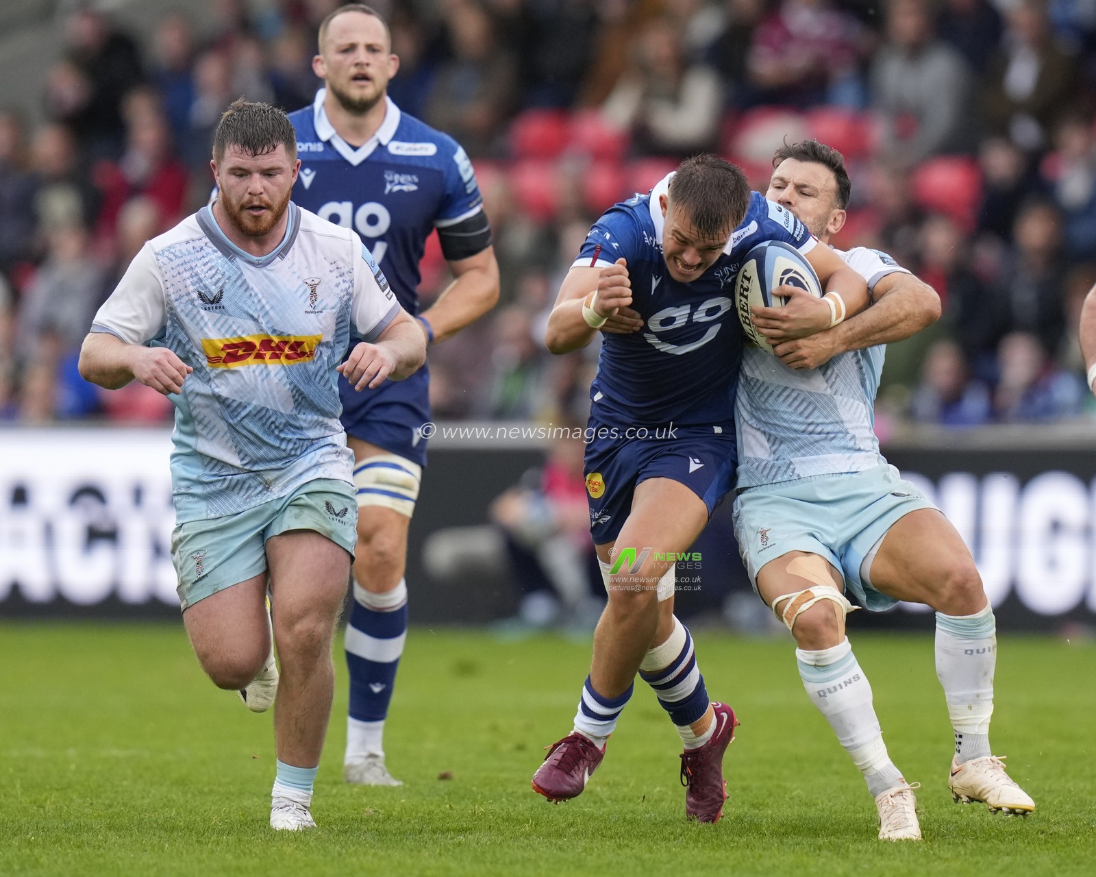 Danny Care #9 of Harlequins tackles Joe Carpenter #15 of Sale Sharks during the Gallagher Premiership match Sale Sharks vs Harlequins at AJ Bell Stadium, Eccles, United Kingdom, 23rd October 2022

(Photo by Steve Flynn/News Images)